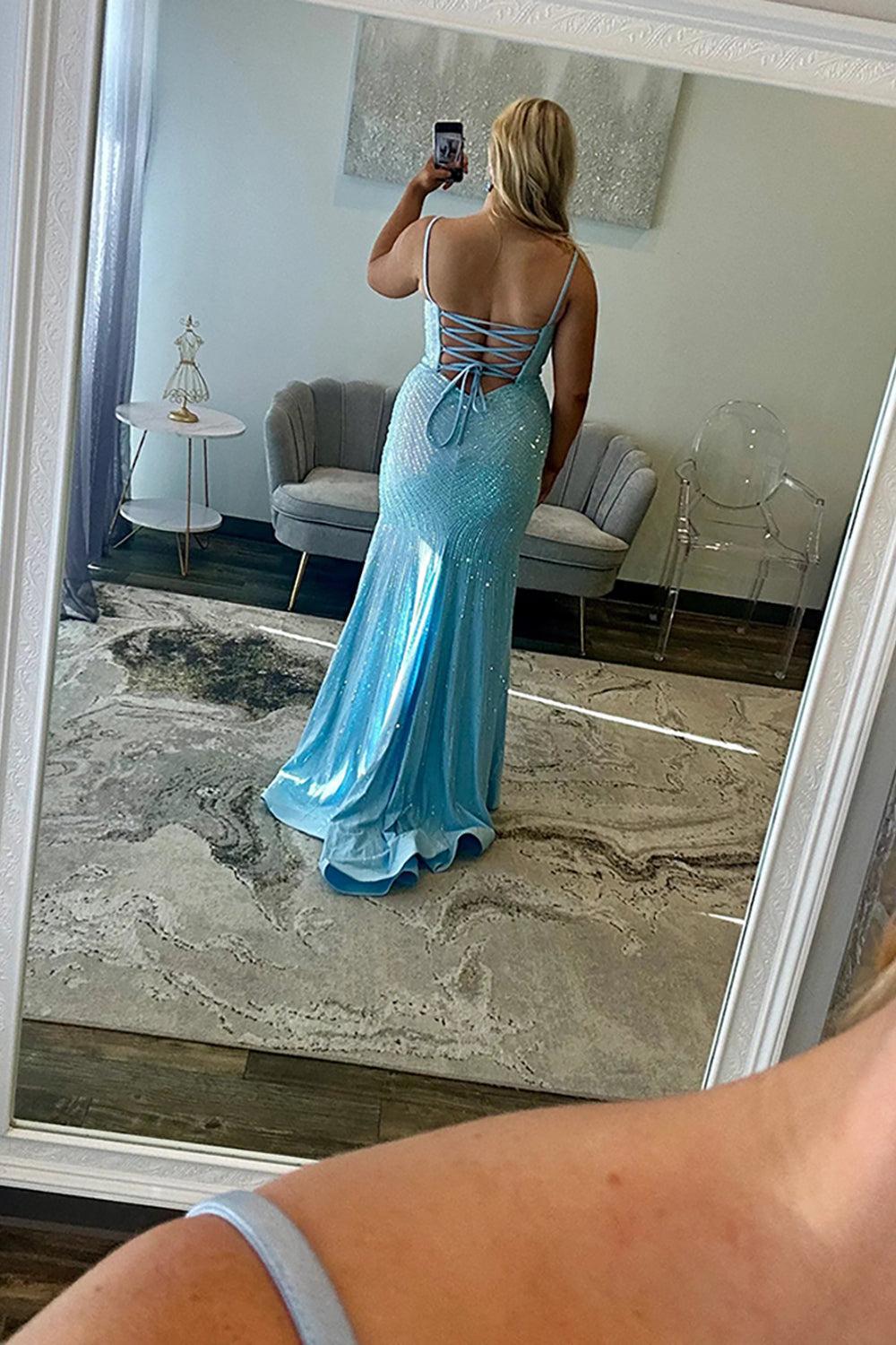 Mermaid Prom Dress Light Blue Corset Beaded Satin Long Formal Dress With Slit