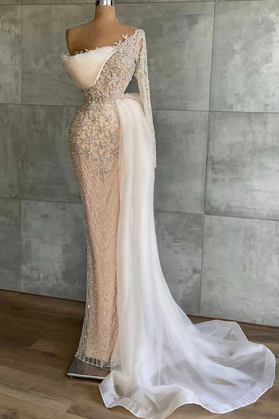 Mermaid Prom Dress Long Sleeve Asymmetric Formal Dress With Beadings and Rhinestones