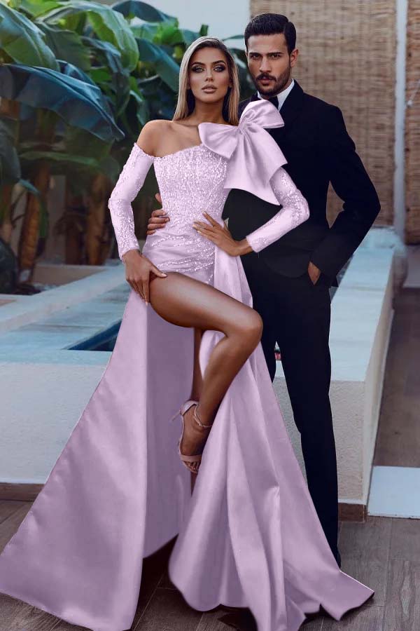 Mermaid Prom Dress Long Sleeve Asymmetric Neck Formal Dress With Beadings