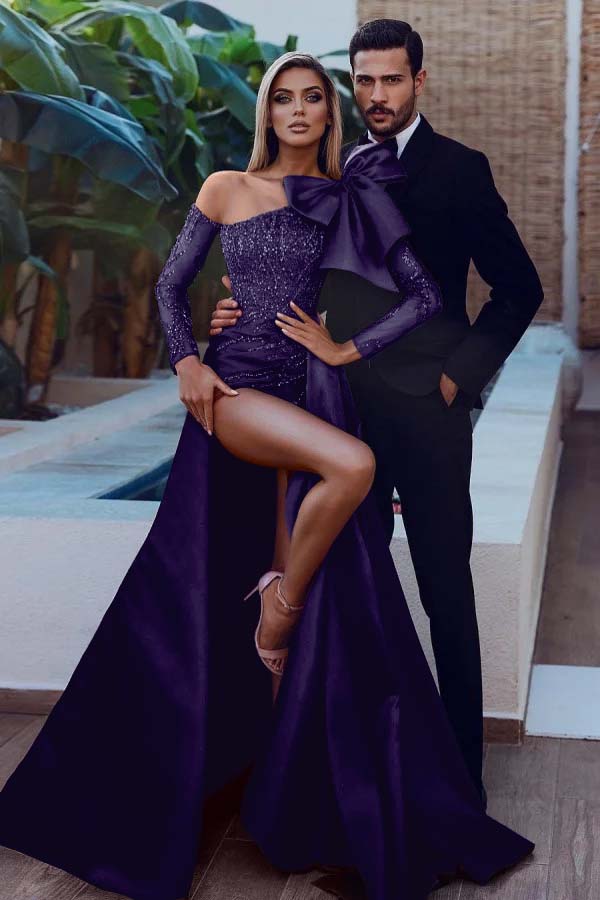 Mermaid Prom Dress Long Sleeve Asymmetric Neck Formal Dress With Beadings