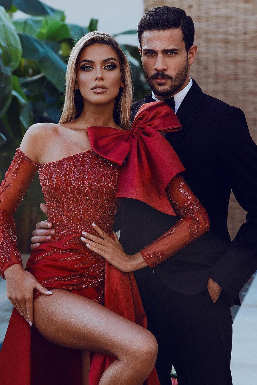 Mermaid Prom Dress Long Sleeve Asymmetric Neck Formal Dress With Beadings
