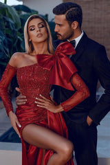 Mermaid Prom Dress Long Sleeve Asymmetric Neck Formal Dress With Beadings