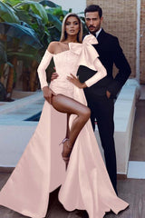 Mermaid Prom Dress Long Sleeve Asymmetric Neck Formal Dress With Beadings