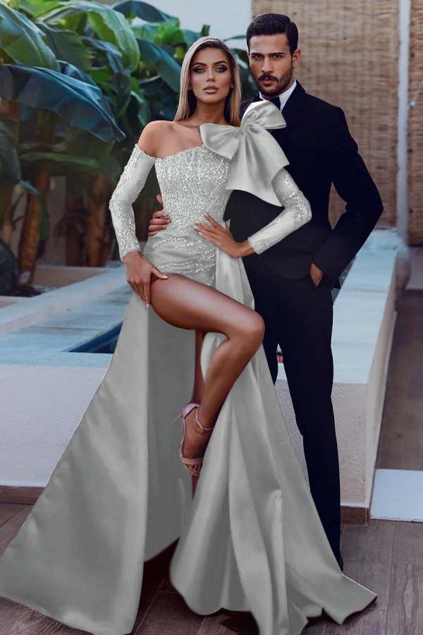 Mermaid Prom Dress Long Sleeve Asymmetric Neck Formal Dress With Beadings