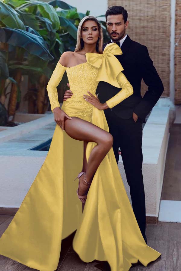 Mermaid Prom Dress Long Sleeve Asymmetric Neck Formal Dress With Beadings