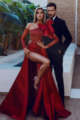Mermaid Prom Dress Long Sleeve Asymmetric Neck Formal Dress With Beadings
