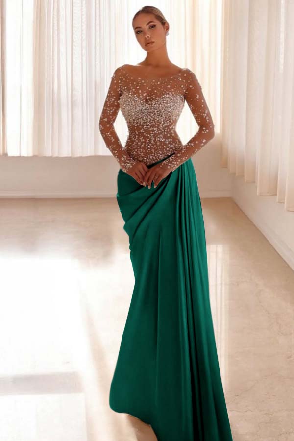 Mermaid Prom Dress Long Sleeve Bateau Neck Formal Dress With Beadings and Rhinestones
