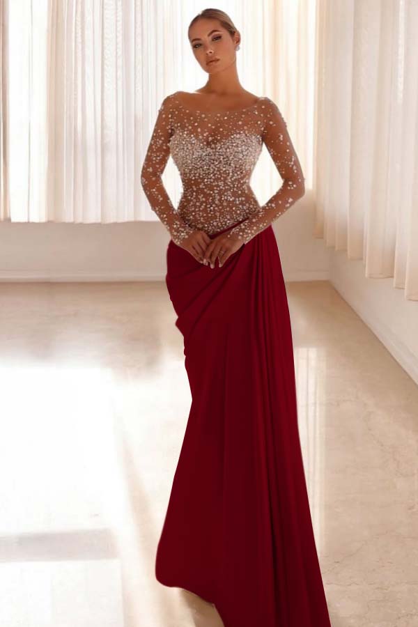 Mermaid Prom Dress Long Sleeve Bateau Neck Formal Dress With Beadings and Rhinestones