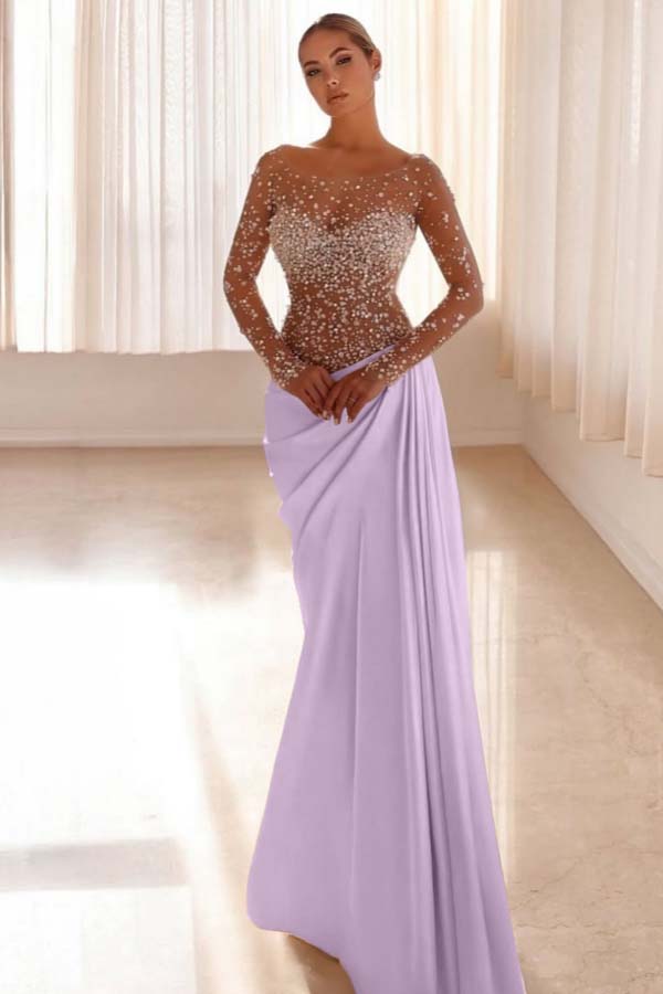 Mermaid Prom Dress Long Sleeve Bateau Neck Formal Dress With Beadings and Rhinestones