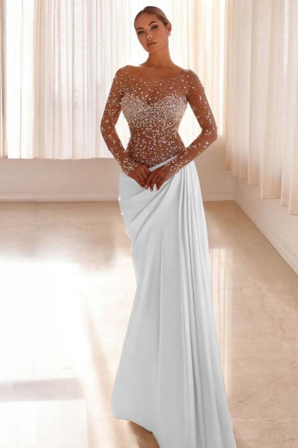 Mermaid Prom Dress Long Sleeve Bateau Neck Formal Dress With Beadings and Rhinestones