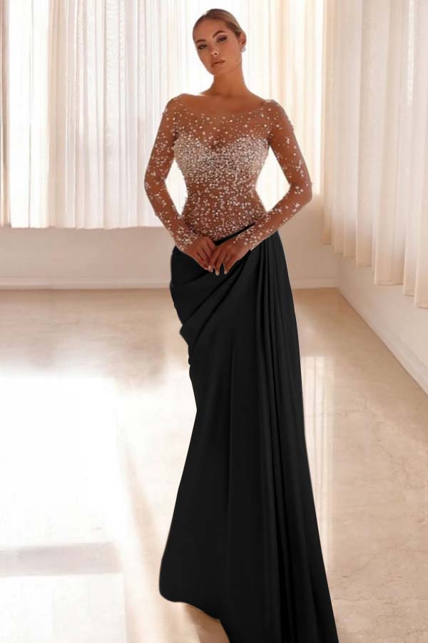 Mermaid Prom Dress Long Sleeve Bateau Neck Formal Dress With Beadings and Rhinestones