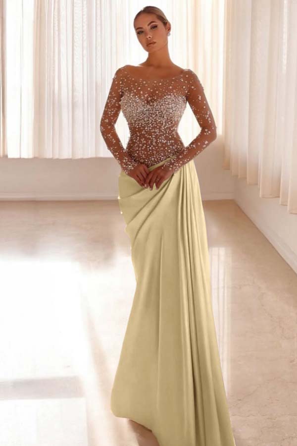 Mermaid Prom Dress Long Sleeve Bateau Neck Formal Dress With Beadings and Rhinestones