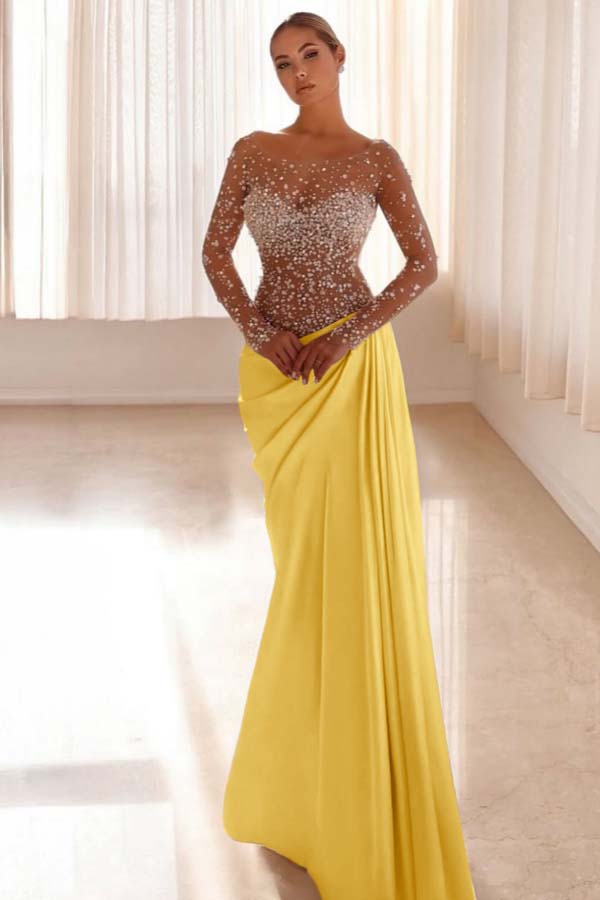 Mermaid Prom Dress Long Sleeve Bateau Neck Formal Dress With Beadings and Rhinestones
