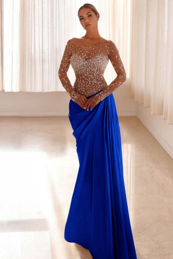 Mermaid Prom Dress Long Sleeve Bateau Neck Formal Dress With Beadings and Rhinestones