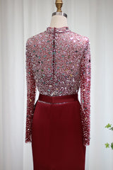 Mermaid Prom Dress Long Sleeve High Neck Formal Dress With Beadings and Rhinestones