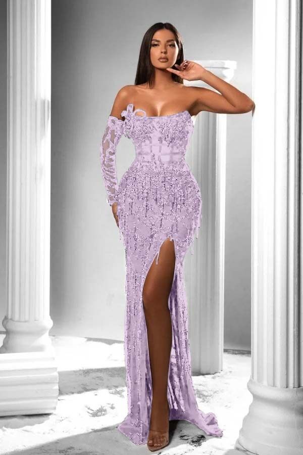 Mermaid Prom Dress Long Sleeve Strapless Formal Dress With Sequins