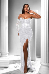 Mermaid Prom Dress Long Sleeve Strapless Formal Dress With Sequins