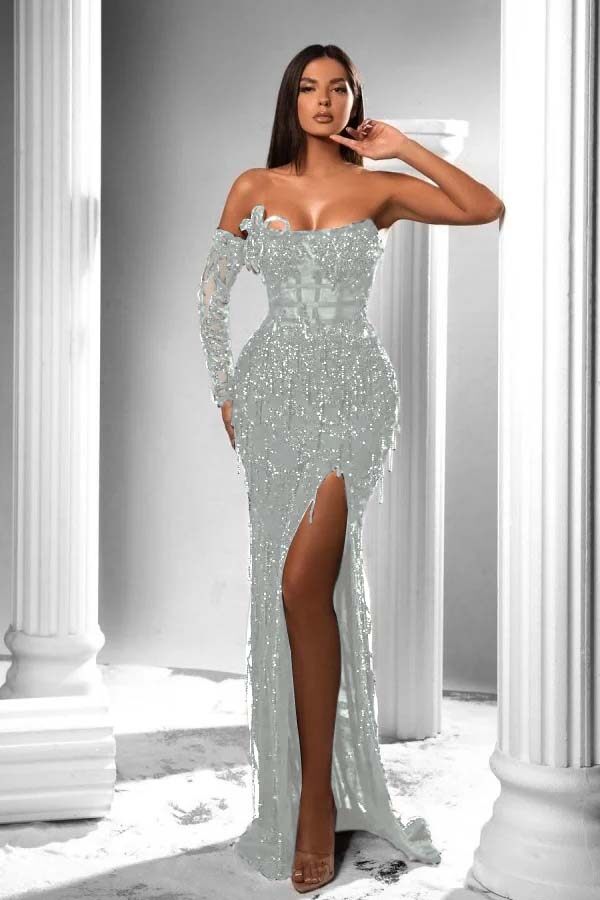 Mermaid Prom Dress Long Sleeve Strapless Formal Dress With Sequins