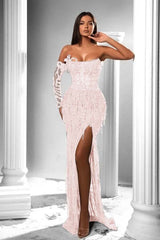 Mermaid Prom Dress Long Sleeve Strapless Formal Dress With Sequins