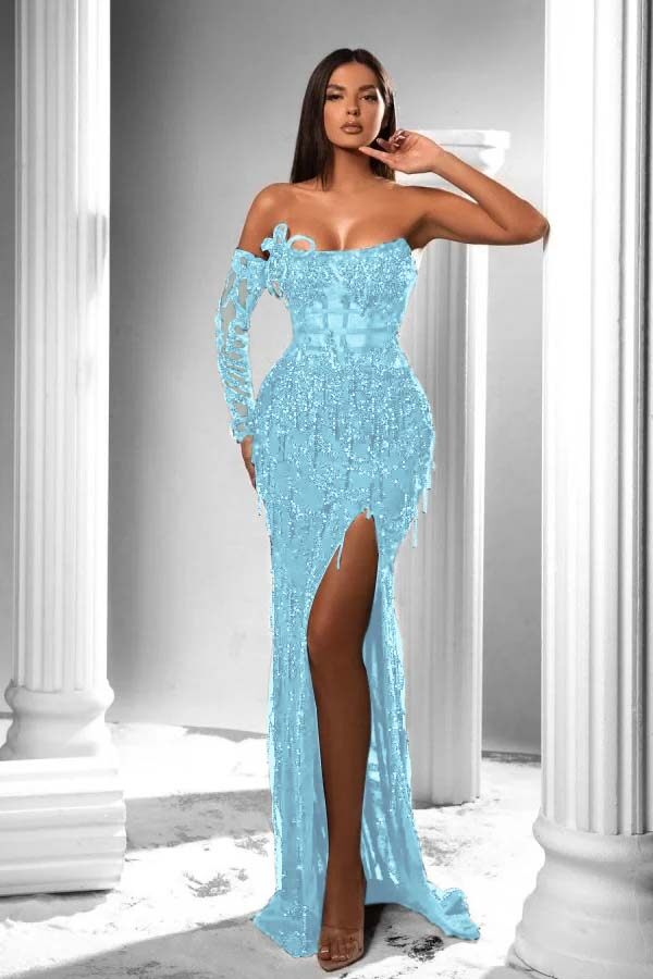 Mermaid Prom Dress Long Sleeve Strapless Formal Dress With Sequins