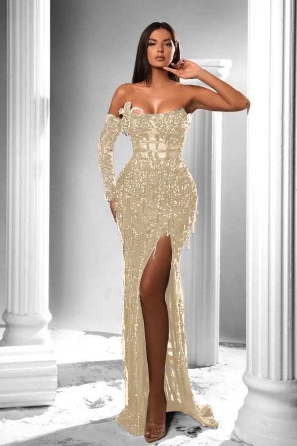 Mermaid Prom Dress Long Sleeve Strapless Formal Dress With Sequins