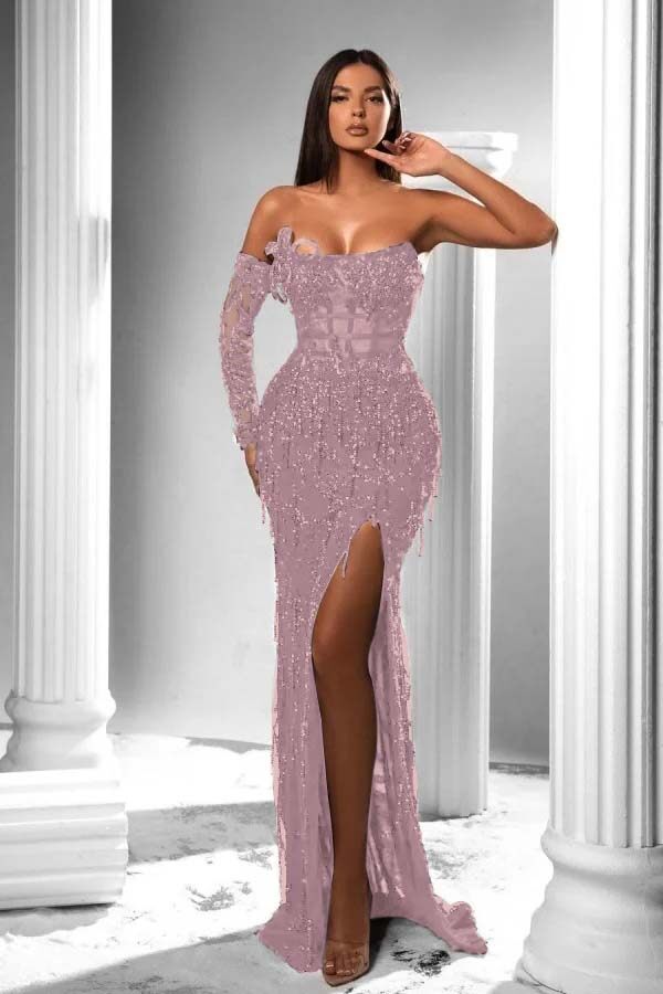 Mermaid Prom Dress Long Sleeve Strapless Formal Dress With Sequins