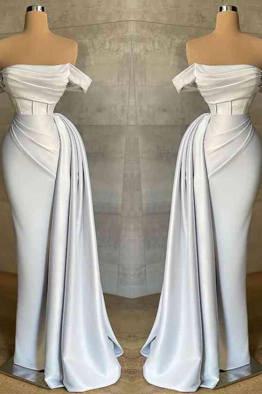 Mermaid Prom Dress Off the Shoulder Cap Sleeve Satin Formal Dress