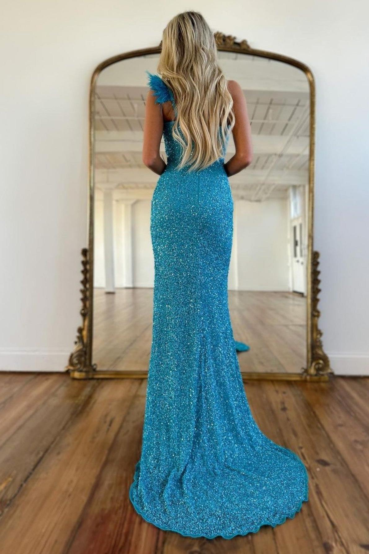 Mermaid Prom Dress One Shoulder Sequin Elegant Evening Dress with Split