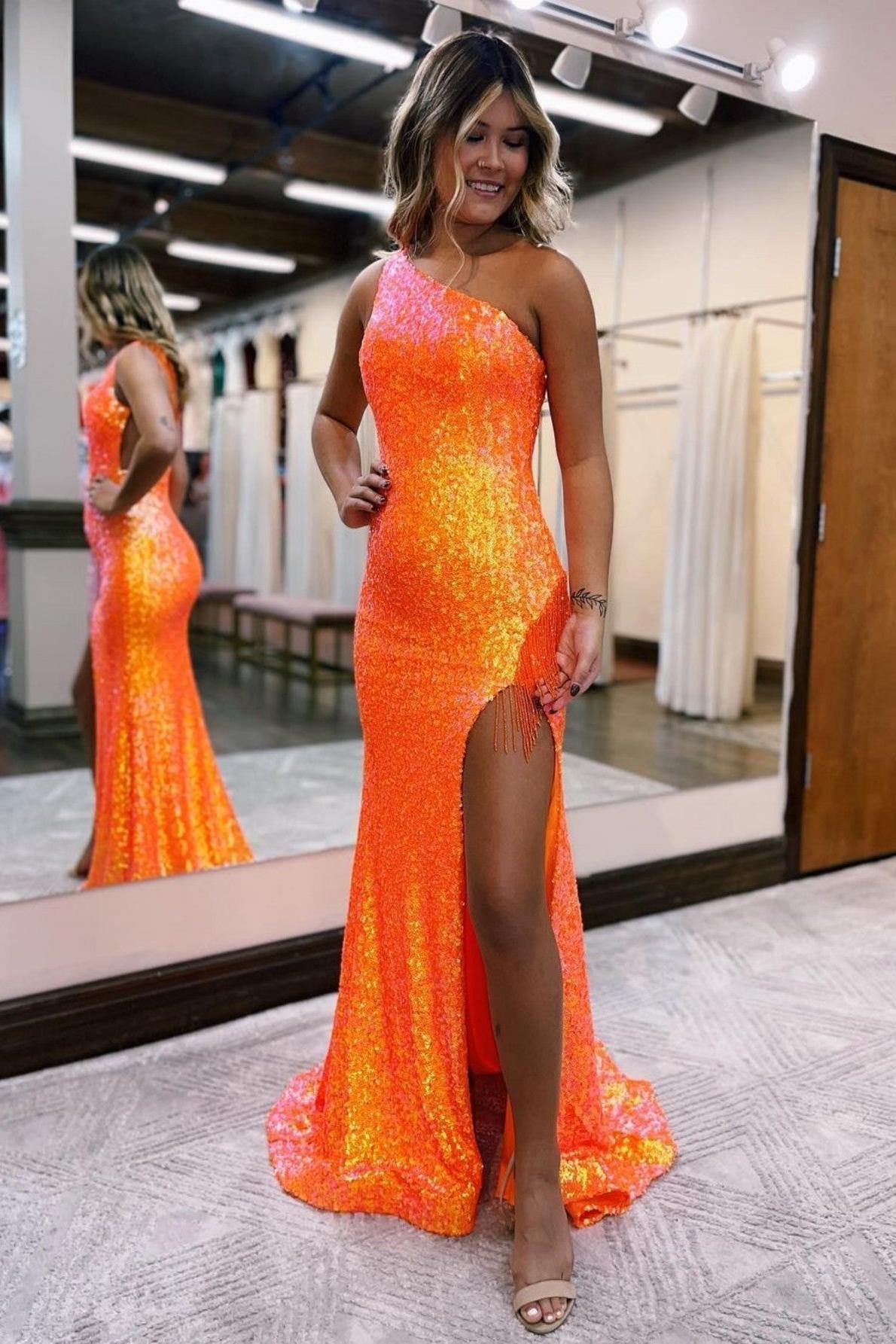 Mermaid Prom Dress One Shoulder Sequin Evening Dress With Tassels