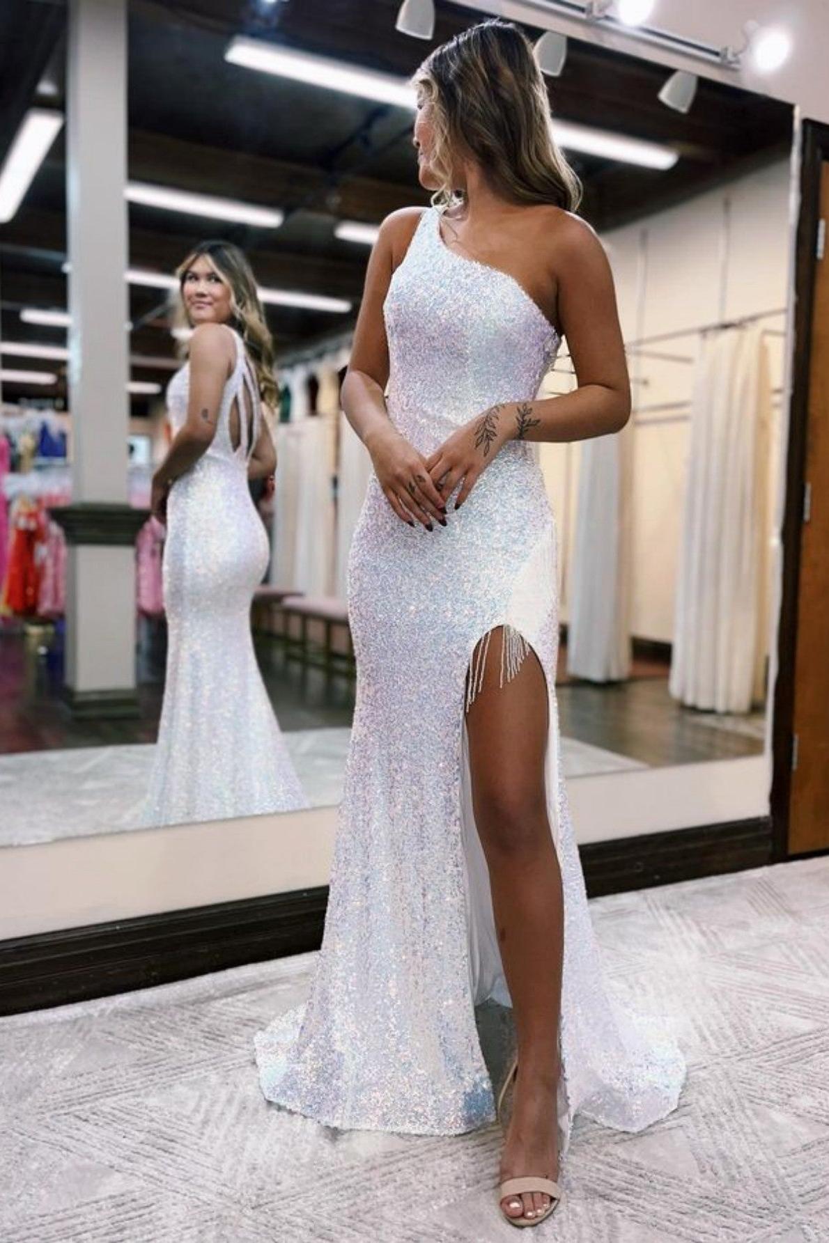 Mermaid Prom Dress One Shoulder Sequin Evening Dress With Tassels