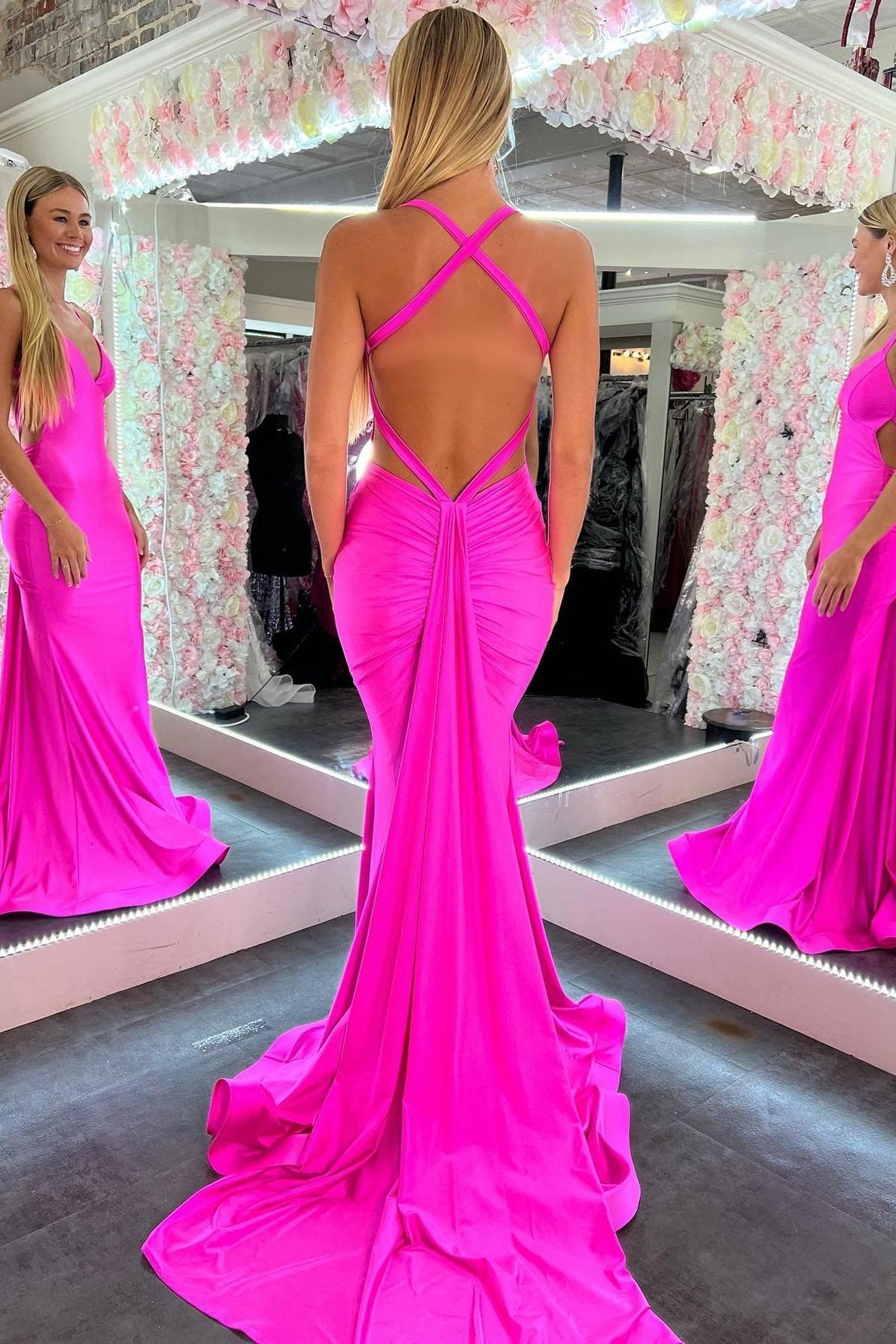 Mermaid Prom Dress Pink V Neck Backless Satin Long Evening Dress