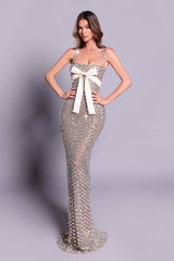 Mermaid Prom Dress Silver Beaded Spaghetti Straps Plaid Formal Dress