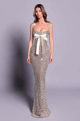 Mermaid Prom Dress Silver Beaded Spaghetti Straps Plaid Formal Dress