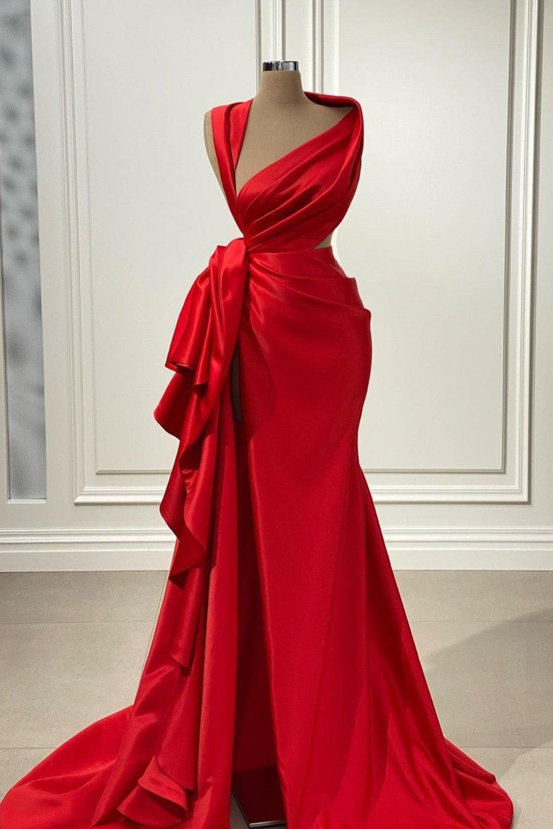 Mermaid Prom Dress Sleeveless Asymmetric Neck Satin Formal Dress