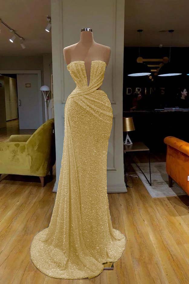Mermaid Prom Dress Sleeveless Strapless Formal Dress With Sequins