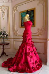Mermaid Prom Dress Sleeveless Strapless Satin Formal Dress With 3D Flowers