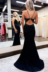 Mermaid Prom Dress Spaghetti Straps Delicate Beaded Satin Evening Dress