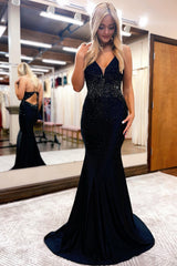 Mermaid Prom Dress Spaghetti Straps Delicate Beaded Satin Evening Dress