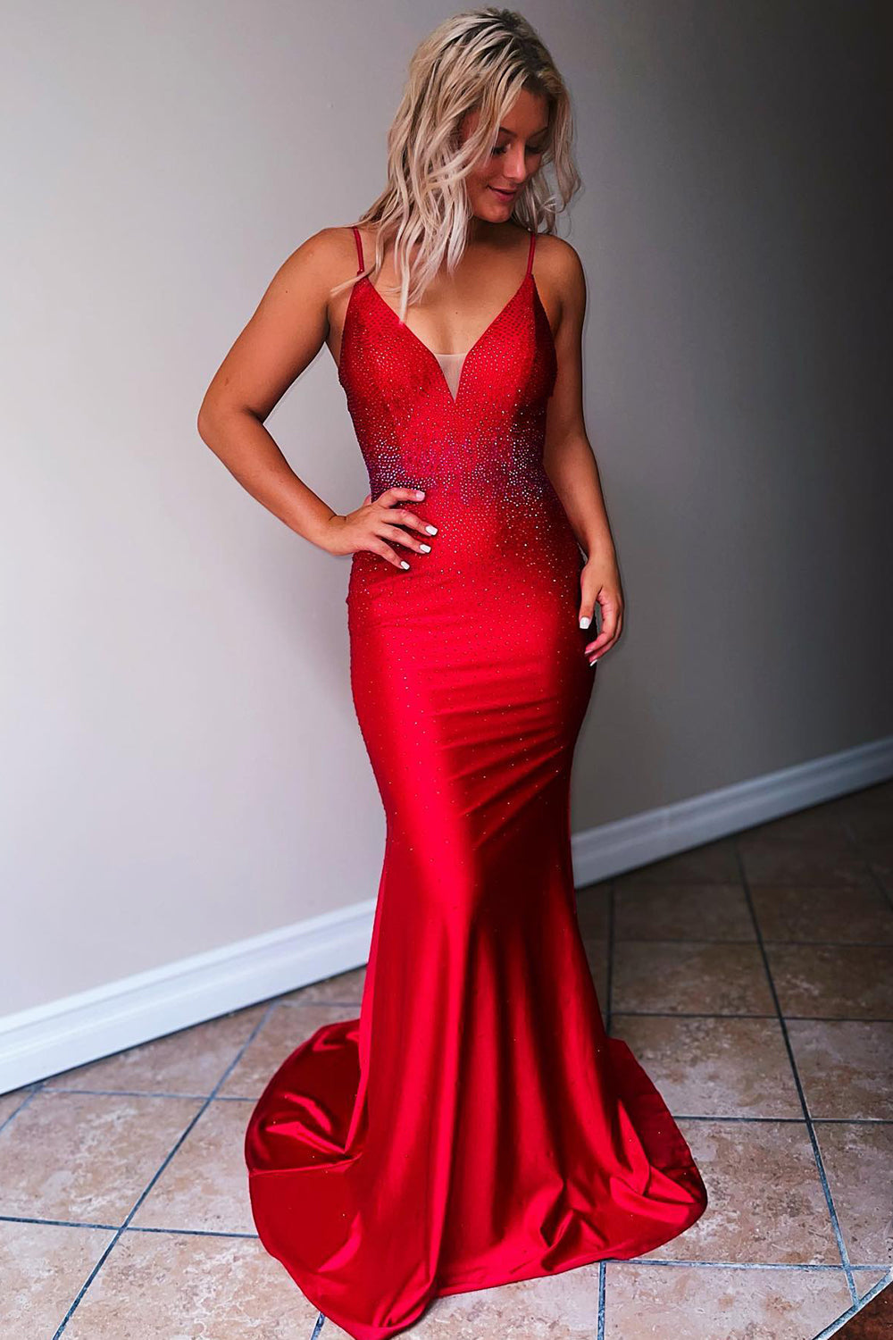 Mermaid Prom Dress Spaghetti Straps Delicate Beaded Satin Evening Dress