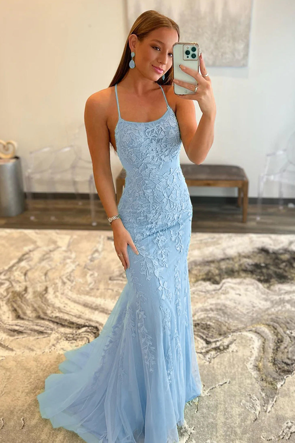 Mermaid Prom Dress Spaghetti Straps Lace Evening Dress