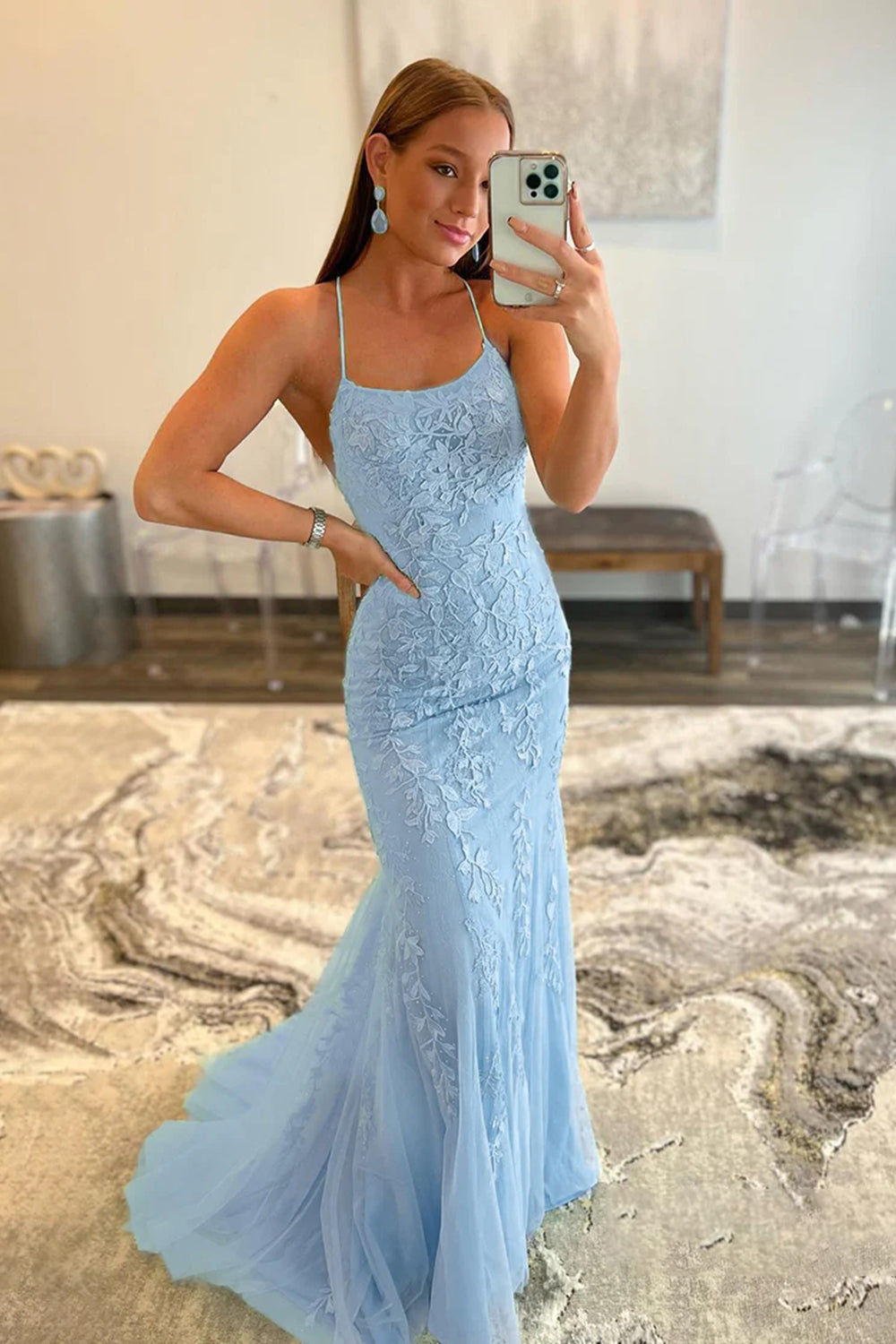 Mermaid Prom Dress Spaghetti Straps Lace Evening Dress