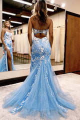 Mermaid Prom Dress Spaghetti Straps Lace Tulle Evening Dress With Split