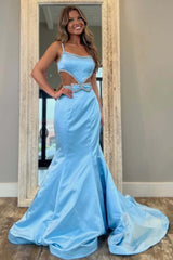 Mermaid Prom Dress Spaghetti Straps Long Evening Dress with Bow