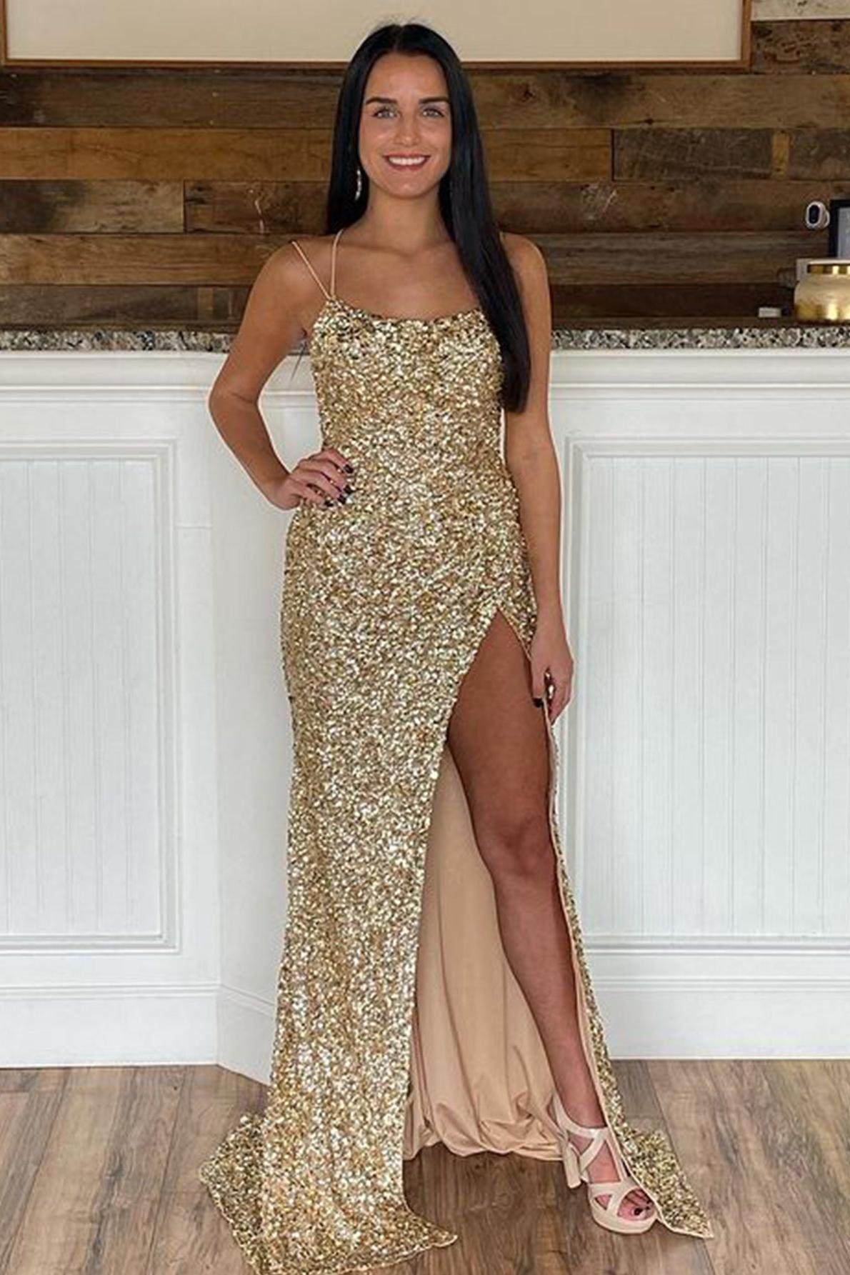 Mermaid Prom Dress Spaghetti Straps Long Sequin Evening Dress
