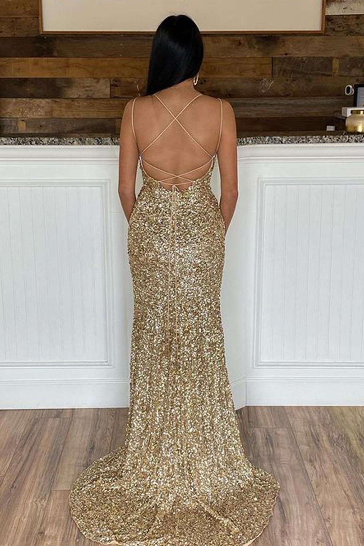 Mermaid Prom Dress Spaghetti Straps Long Sequin Evening Dress