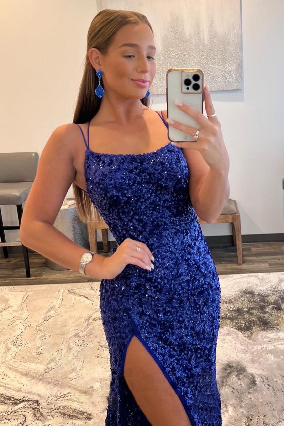 Mermaid Prom Dress Spaghetti Straps Long Sequin Evening Dress