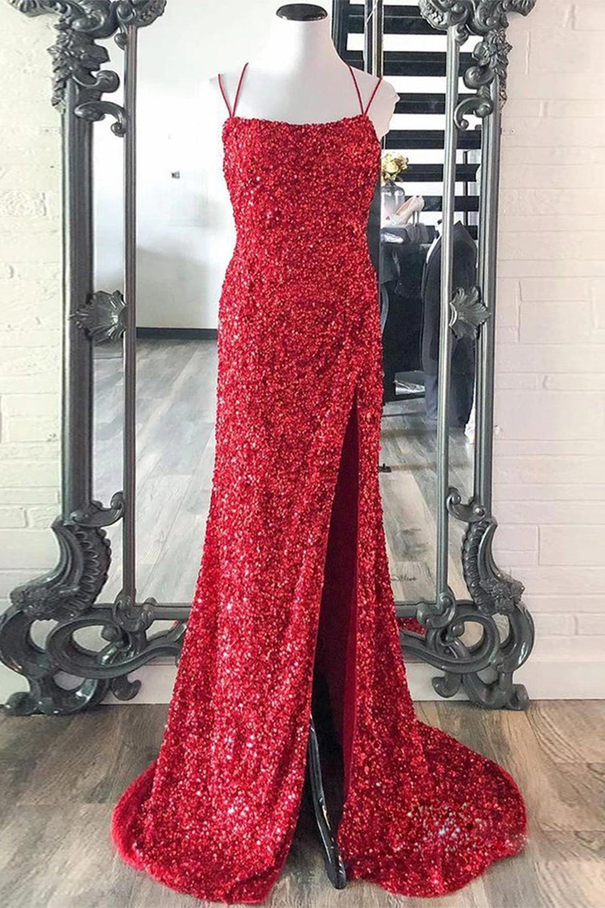 Mermaid Prom Dress Spaghetti Straps Long Sequin Evening Dress