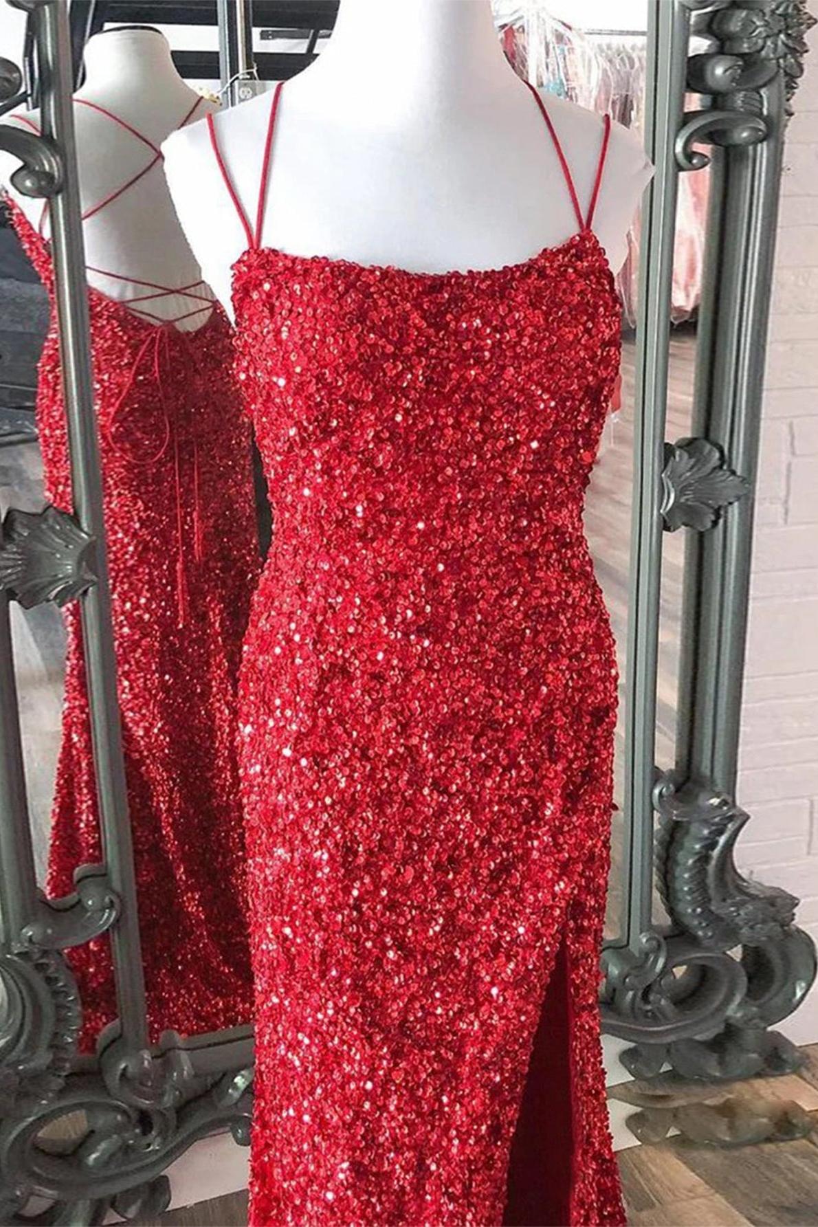 Mermaid Prom Dress Spaghetti Straps Long Sequin Evening Dress