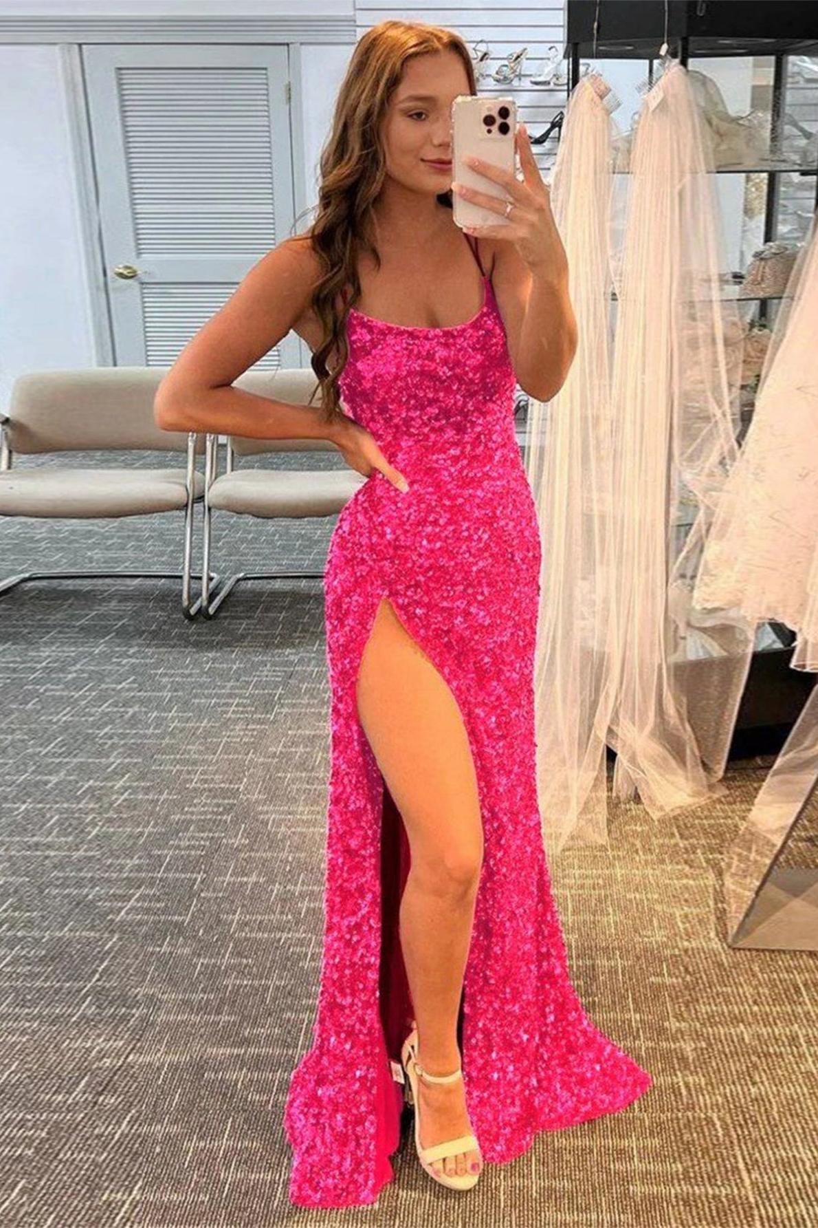 Mermaid Prom Dress Spaghetti Straps Long Sequin Evening Dress