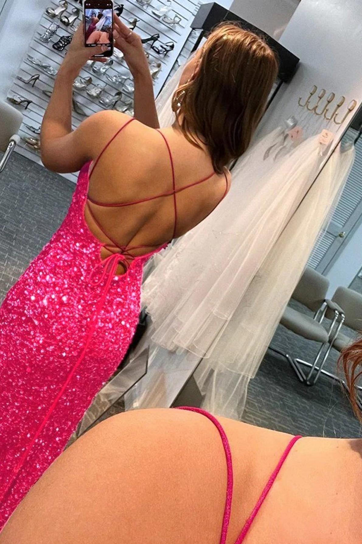 Mermaid Prom Dress Spaghetti Straps Long Sequin Evening Dress